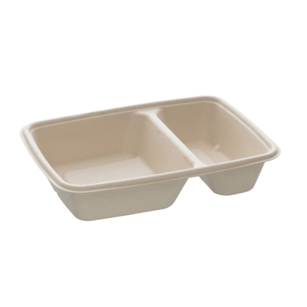 Bandeja rectangular de 2 compartimentos, 16 x 23 cm, ecológica, biodegradable y diseñada para hostelería sostenible.