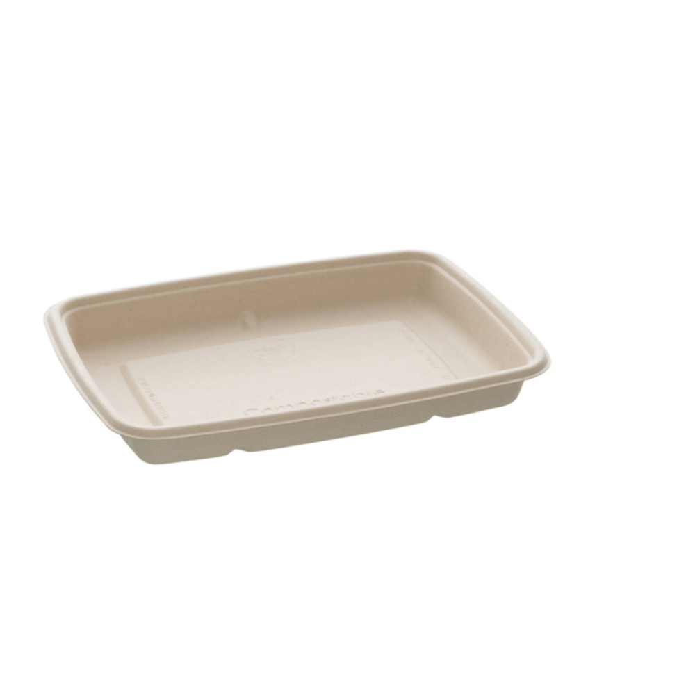 Bandeja rectangular de caña de azúcar ecológica, 600 ml, 16 x 23 cm, sostenible y biodegradable.