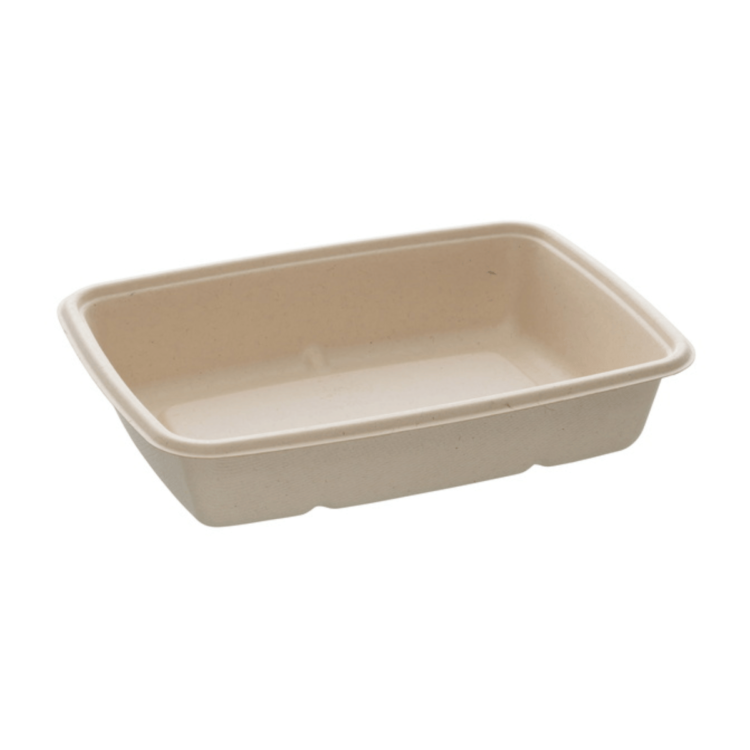 Bandeja rectangular de 950 ml, 16x23 cm, fabricada con caña de azúcar, ecológica, sostenible y biodegradable, ideal para hostelería.