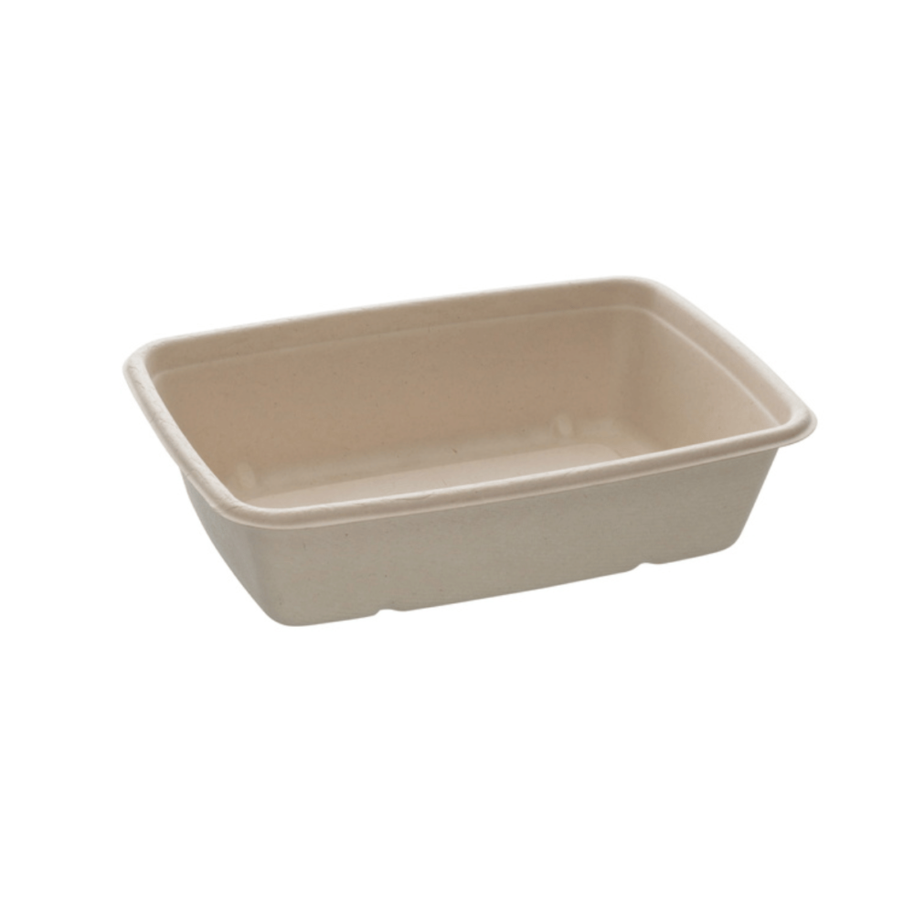 Bandeja rectangular de 1050 ml, 16x23 cm, fabricada con caña de azúcar, ecológica, sostenible y biodegradable, ideal para hostelería y alimentos.