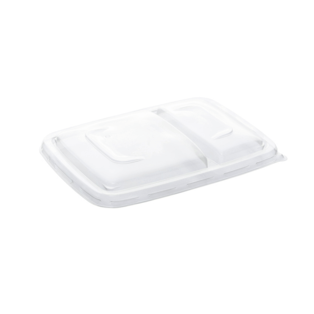 Tapa de PP para bandeja rectangular de 2 compartimentos, 16 x 23 cm, resistente, reciclable y diseñada para hostelería sostenible.