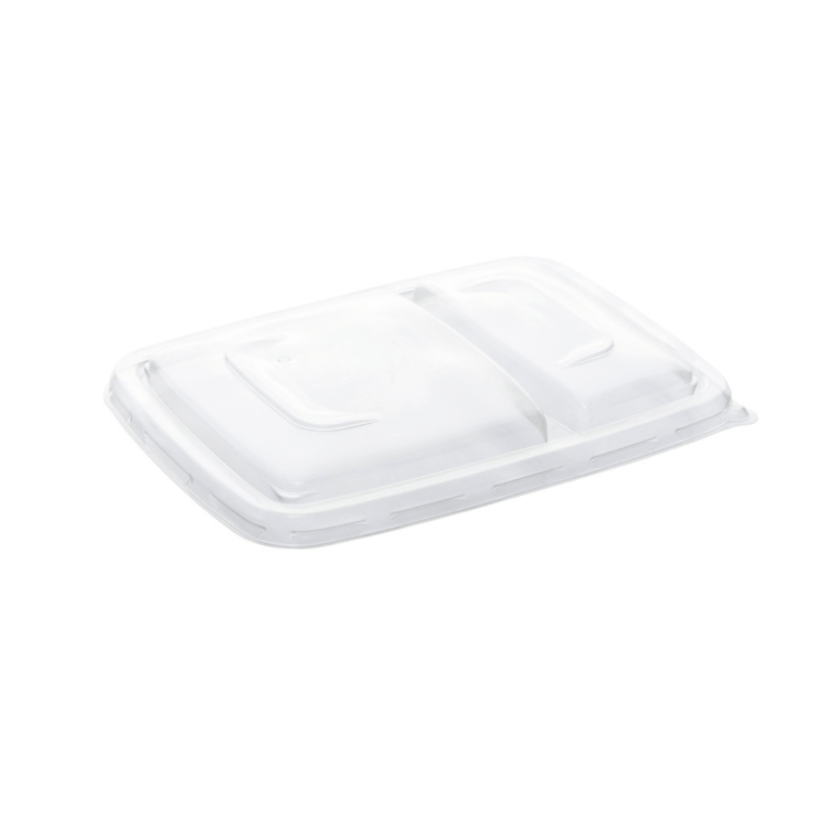 Tapa de PP para bandeja rectangular de 2 compartimentos, 16 x 23 cm, resistente, reciclable y diseñada para hostelería sostenible.
