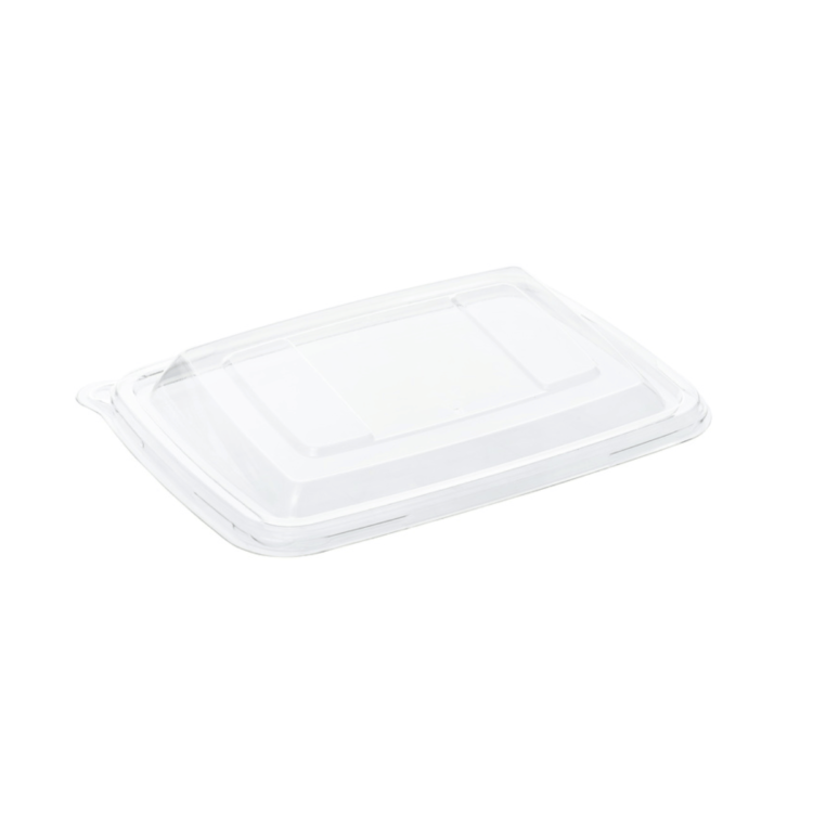 Tapa de rPET para bandeja rectangular con vertiente, 16 x 23 cm, resistente, reciclable y diseñada para hostelería sostenible.