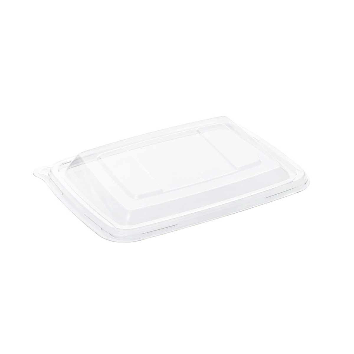 Tapa de rPET para bandeja rectangular con vertiente, 16 x 23 cm, resistente, reciclable y diseñada para hostelería sostenible.