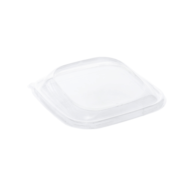 Tapa de rPET para bowl cuadrado con vertiente de 19x19 cm, resistente, reciclable y diseñada para hostelería sostenible.
