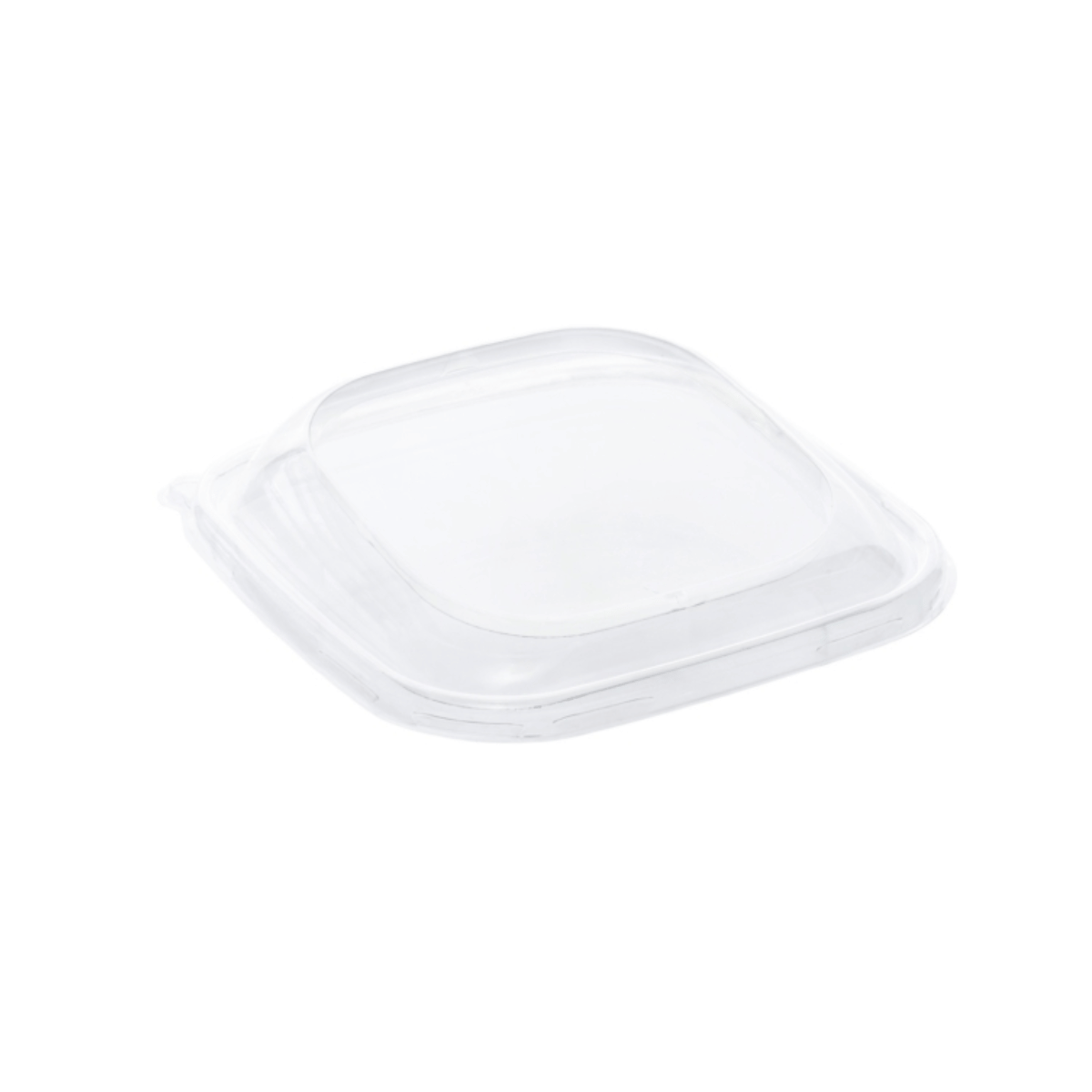 Tapa de rPET para bowl cuadrado con vertiente de 19x19 cm, resistente, reciclable y diseñada para hostelería sostenible.