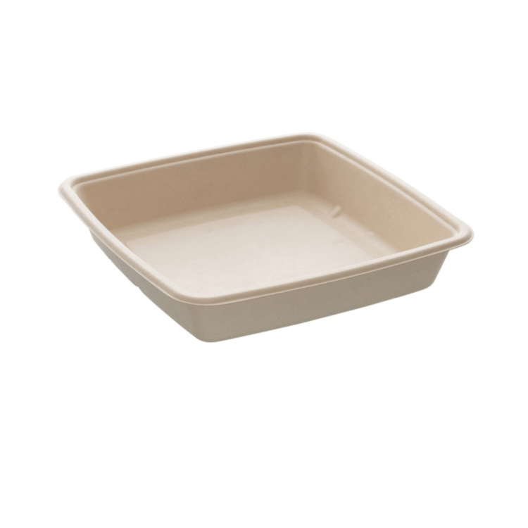 Bandeja cuadrada de 1400 ml (23x23 cm), biodegradable, ecológica y perfecta para alimentos en hostelería sostenible.