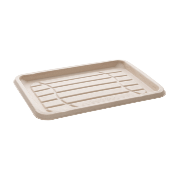 Bandeja rectangular de 35x24 cm, biodegradable, resistente y diseñada para hostelería sostenible.