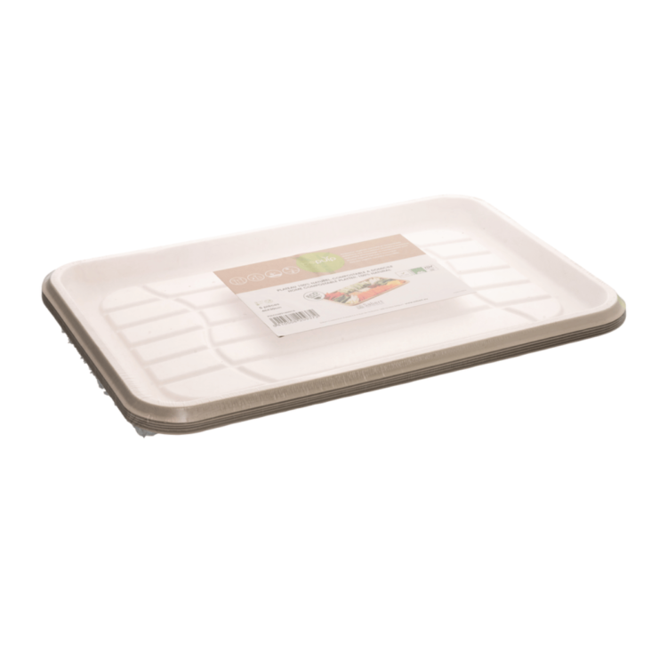 Bandeja rectangular de 46x30 cm en pack de 25 unidades, biodegradable, resistente y diseñada para hostelería sostenible.