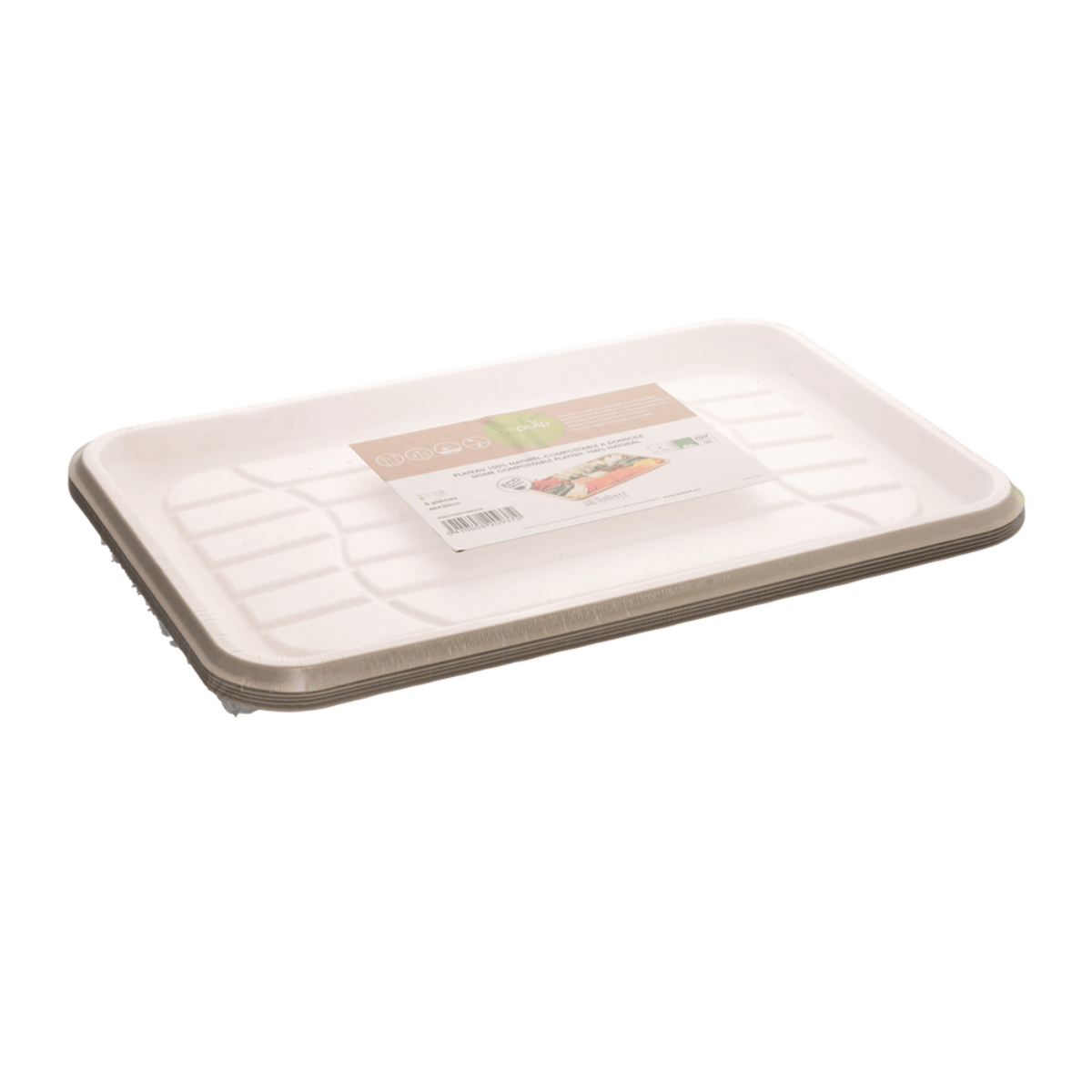 Bandeja rectangular de 46x30 cm en pack de 25 unidades, biodegradable, resistente y diseñada para hostelería sostenible.