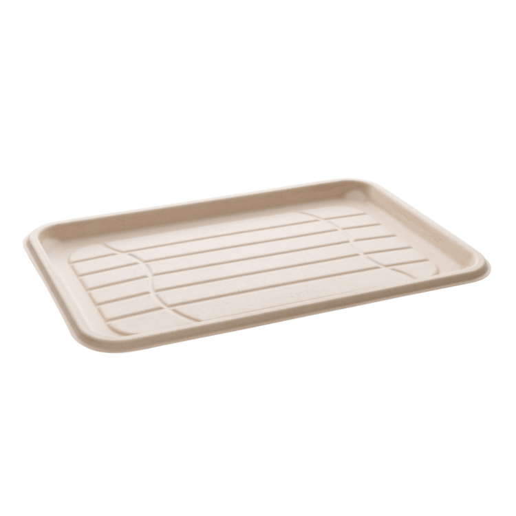 Bandeja rectangular de 46x30 cm, biodegradable, resistente y diseñada para hostelería sostenible.