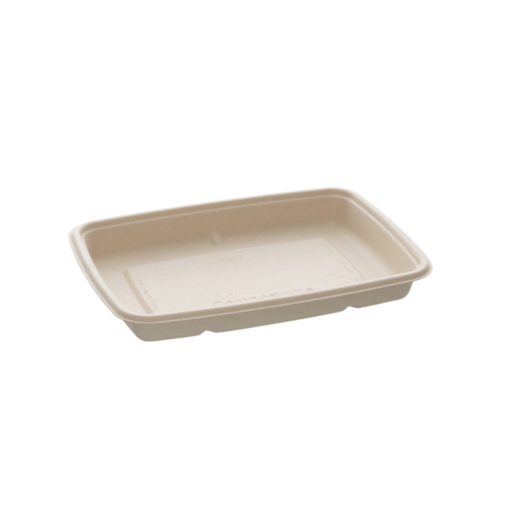 Bandeja rectangular de 600 ml (16x23 cm), biodegradable, resistente y diseñada para hostelería sostenible.