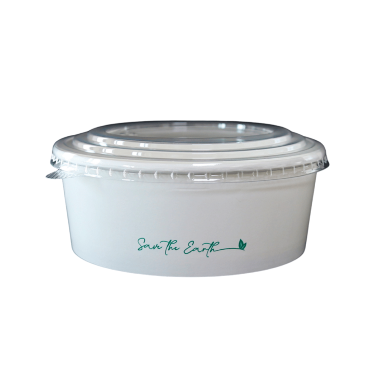 Ensaladeras de cartón blanco redondas con tapa, 1100 ml, resistentes y elegantes, ideales para comidas para llevar en hostelería y catering.