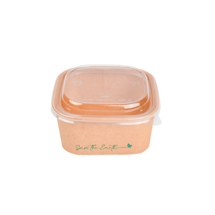 Ensaladeras de cartón kraft cuadradas con tapa, 650 ml, resistentes y ecológicas, ideales para comidas para llevar en hostelería y catering.