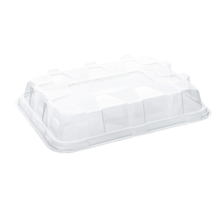 Tapa abovedada de PET reciclable para bandeja rectangular de 35x24 cm, transparente y diseñada para hostelería sostenible.