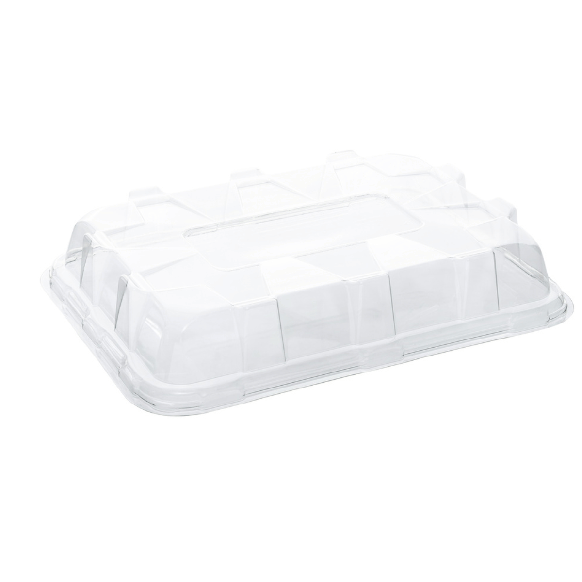 Tapa abovedada de PET reciclable para bandeja rectangular de 35x24 cm, transparente y diseñada para hostelería sostenible.
