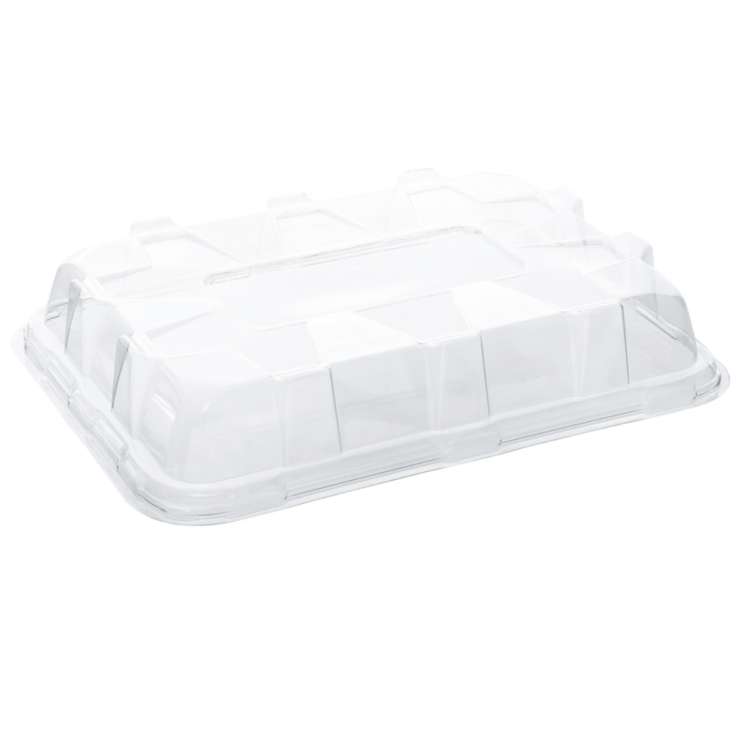 Tapa abovedada de PET reciclable para bandeja rectangular 46x30 cm, resistente y diseñada para hostelería sostenible.