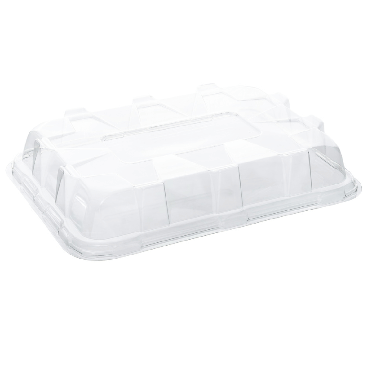 Tapa abovedada de PET reciclable para bandeja rectangular 46x30 cm, resistente y diseñada para hostelería sostenible.