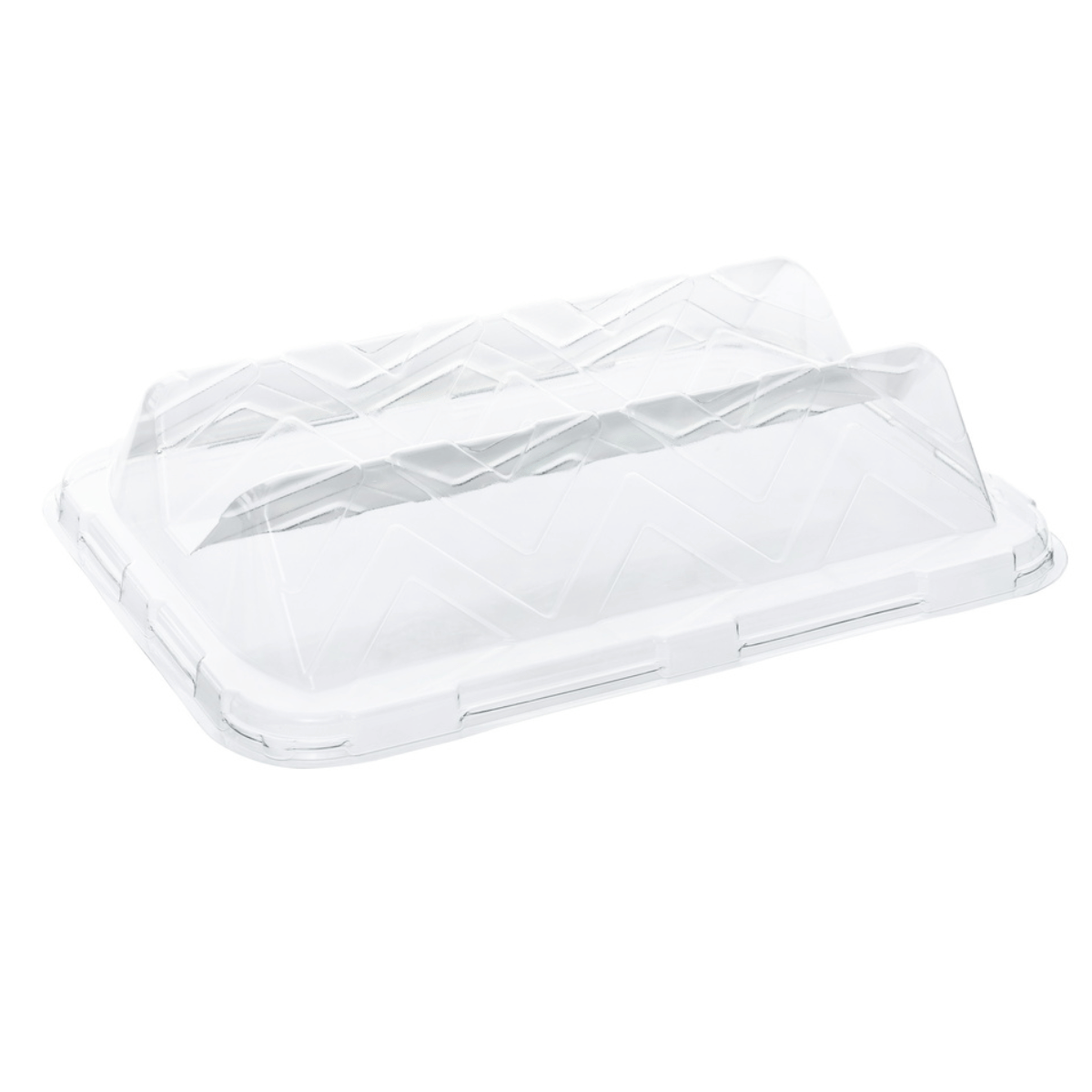 Tapa abovedada de PET reciclable para bandeja rectangular 35x24 cm, transparente y perfecta para alimentos voluminosos en hostelería sostenible.