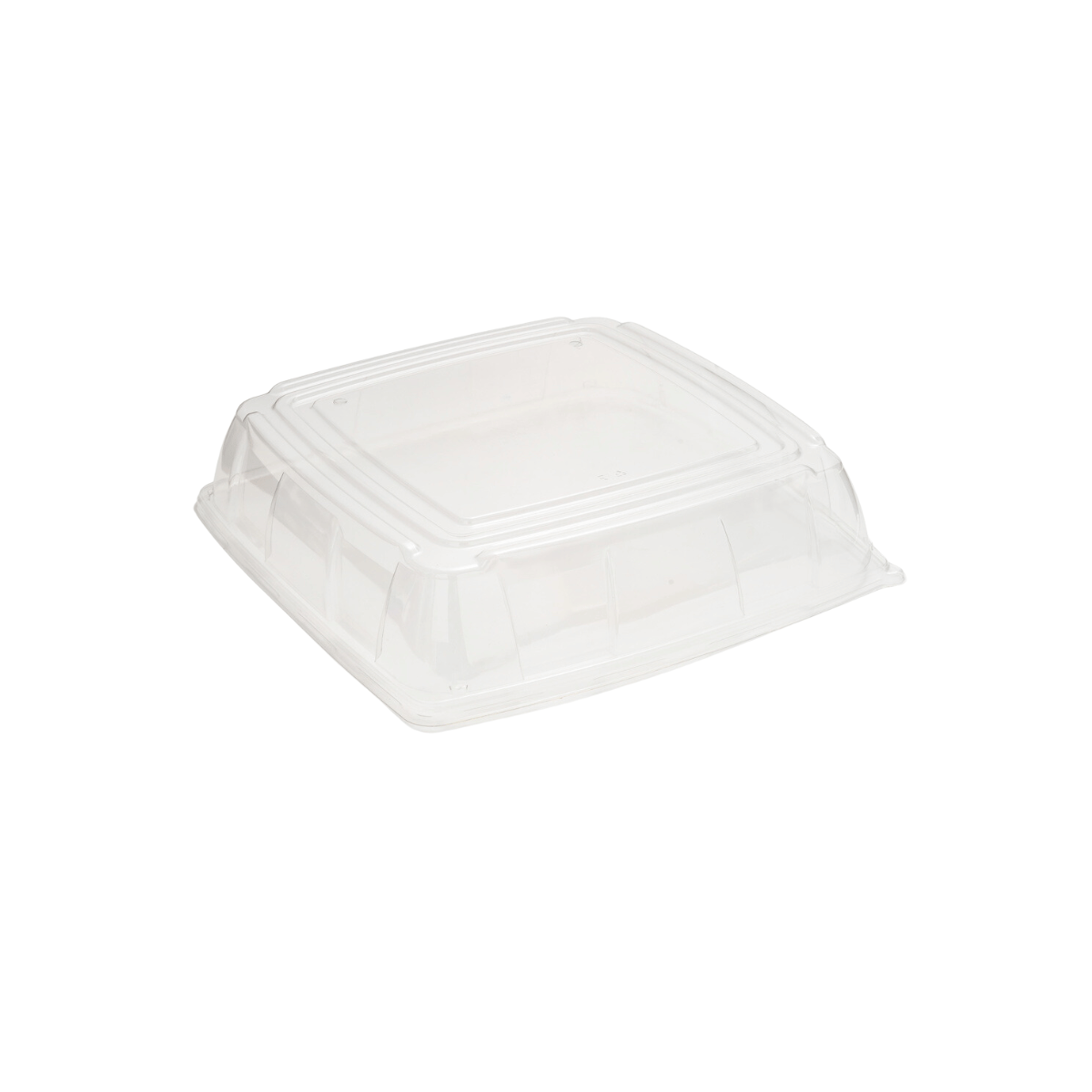 Tapa abovedada de PET reciclable para plato cuadrado de 27x27 cm, transparente y diseñada para hostelería sostenible.