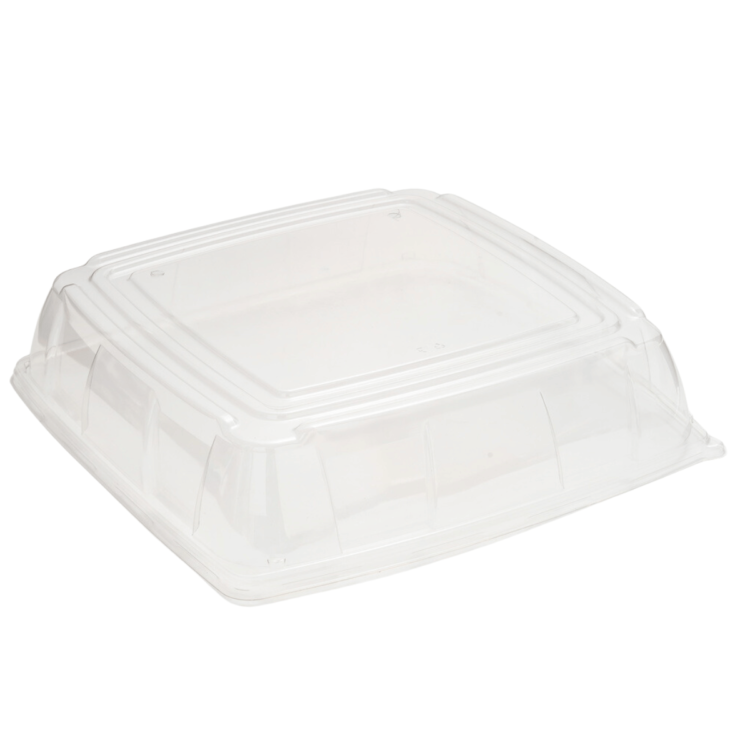 Tapa abovedada PET para plato cuadrado de 40x40 cm, ideal para proteger y presentar alimentos en hostelería y catering.