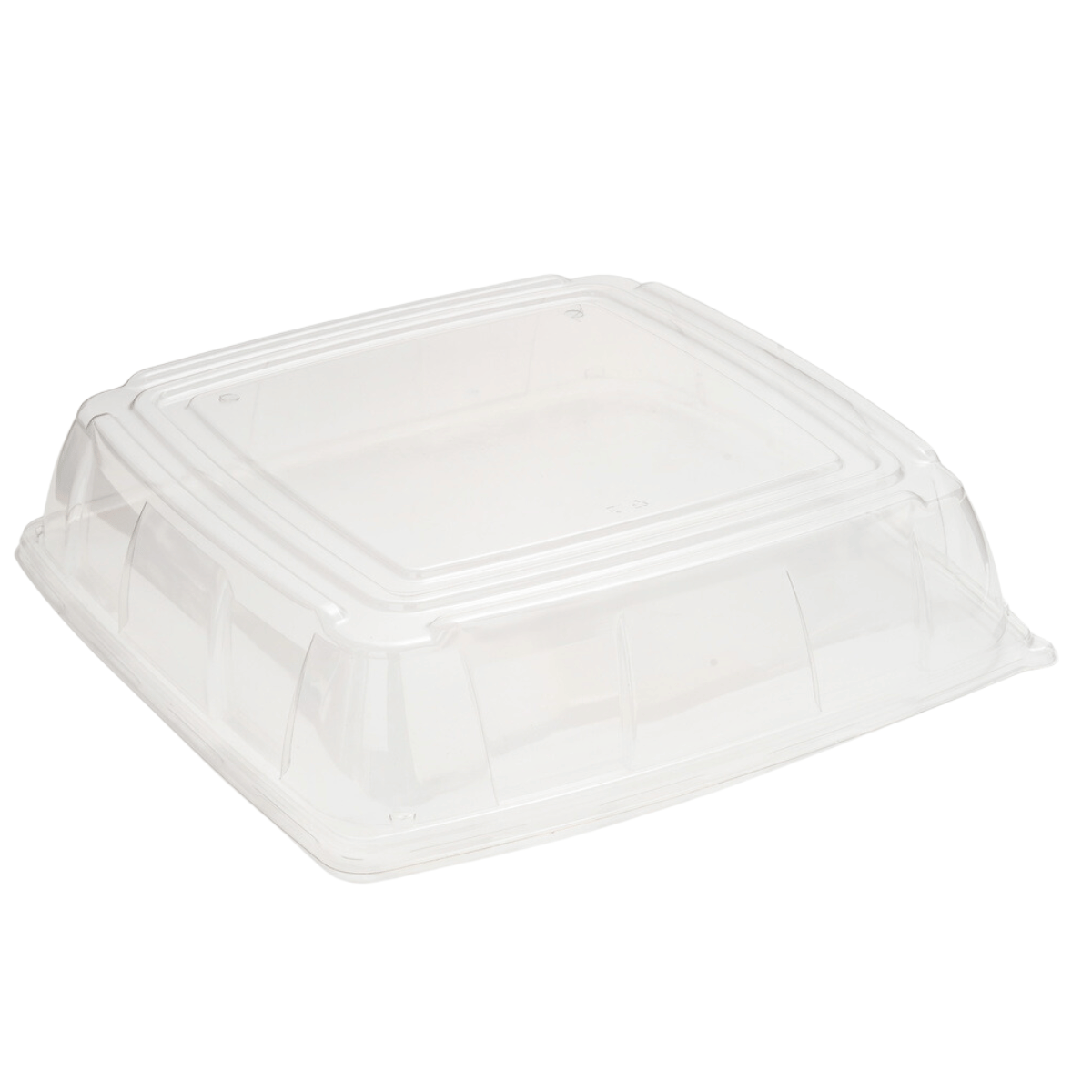 Tapa abovedada PET para plato cuadrado de 40x40 cm, ideal para proteger y presentar alimentos en hostelería y catering.