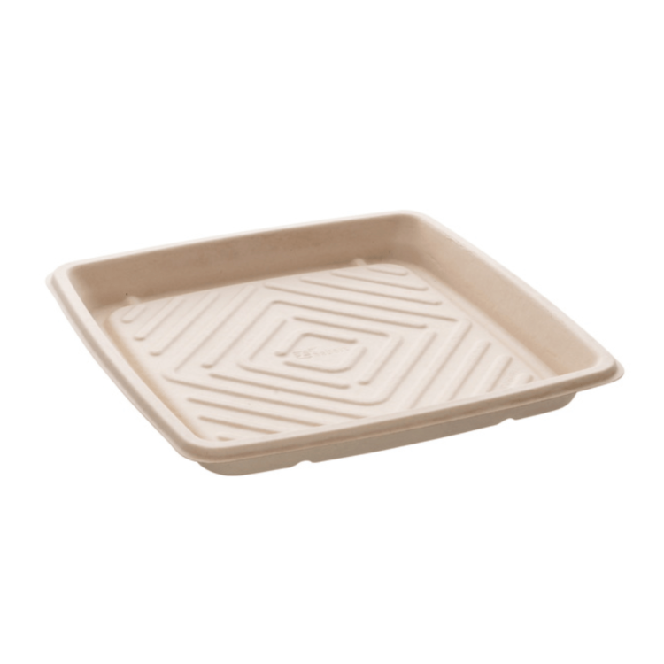 Plato cuadrado de 27x27 cm, biodegradable, elegante y diseñado para hostelería sostenible."