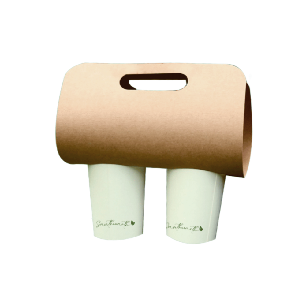 Portavasos kraft con asas para 2 unidades, práctico, ecológico y resistente, ideal para bebidas para llevar en cafeterías y hostelería.