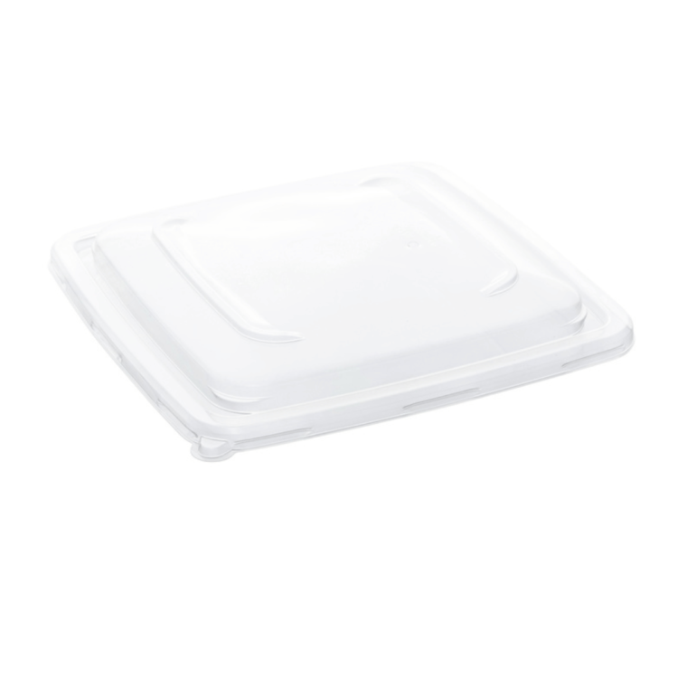 Tapa de PP para bandeja cuadrada de 23x23 cm, resistente, reciclable y diseñada para hostelería sostenible.