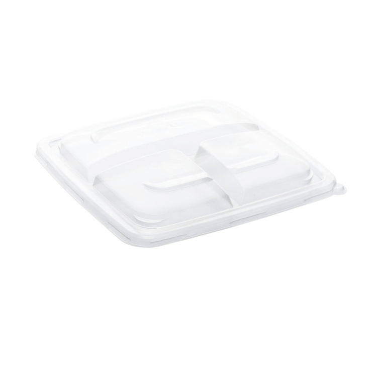 Tapa de PP para bandeja cuadrada con 3 compartimentos (23x23 cm), resistente, reciclable y diseñada para hostelería sostenible.