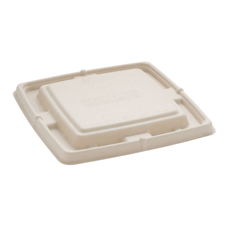 Tapa de pulpa biodegradable para bandeja cuadrada de 23x23 cm, ecológica y diseñada para hostelería sostenible.