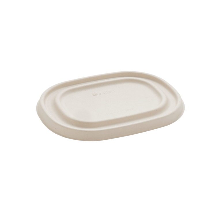 Tapa de pulpa biodegradable para bowl ovalado (19 x 15 cm), ecológica y diseñada para hostelería sostenible.