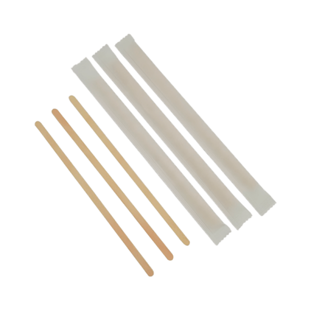 Removedor de madera enfundado de 14 cm, biodegradable y práctico, ideal para mezclar bebidas en cafeterías y hostelería.