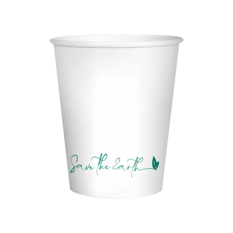 Vaso de cartón blanco 12oz (340ml), ideal para bebidas calientes y frías, perfecto para hostelería, cafeterías y eventos.