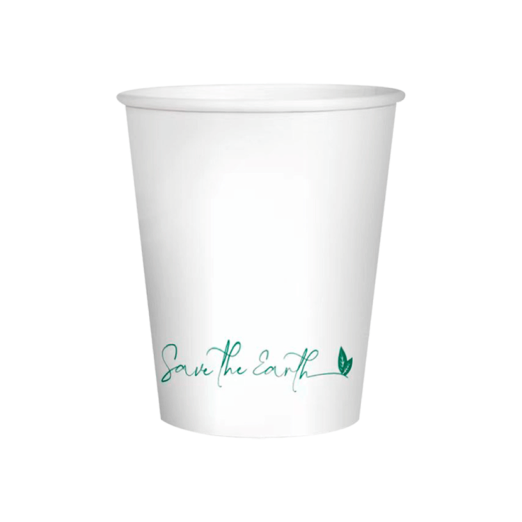 Vaso de cartón blanco 8oz (230ml), ideal para bebidas calientes o frías, perfecto para hostelería, cafeterías y eventos.