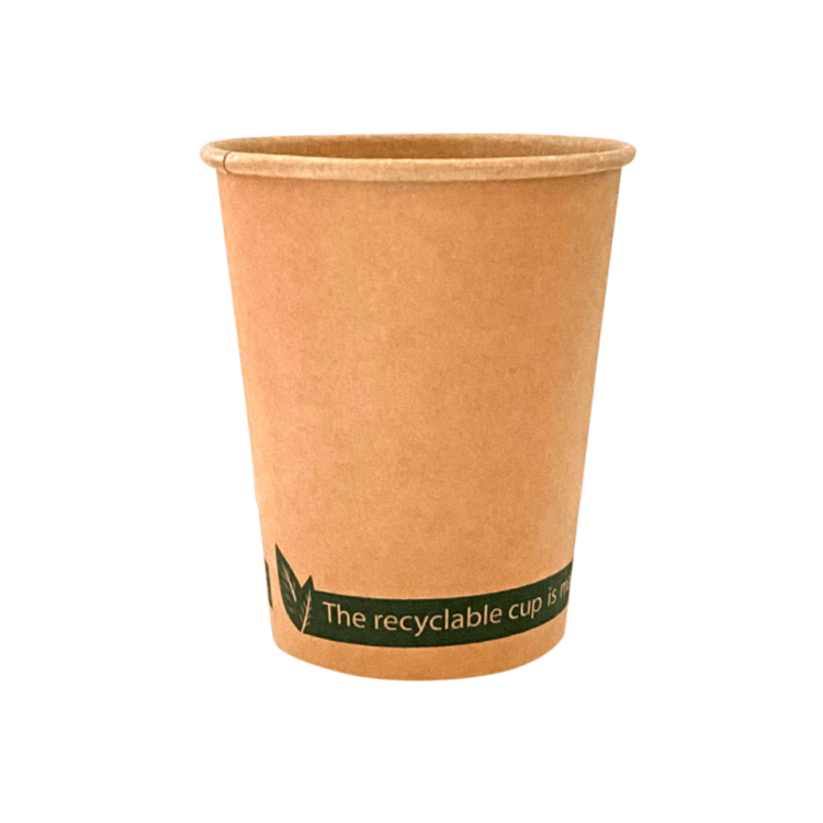Vaso de cartón kraft 12oz (340ml), ideal para bebidas calientes y frías, perfecto para cafeterías, hostelería y eventos sostenibles.